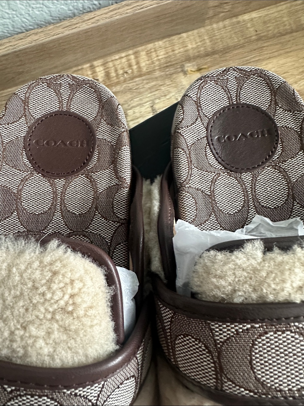 Coach Cream Shearling Clogs with Brown Signature Strap - Picture 5 of 6